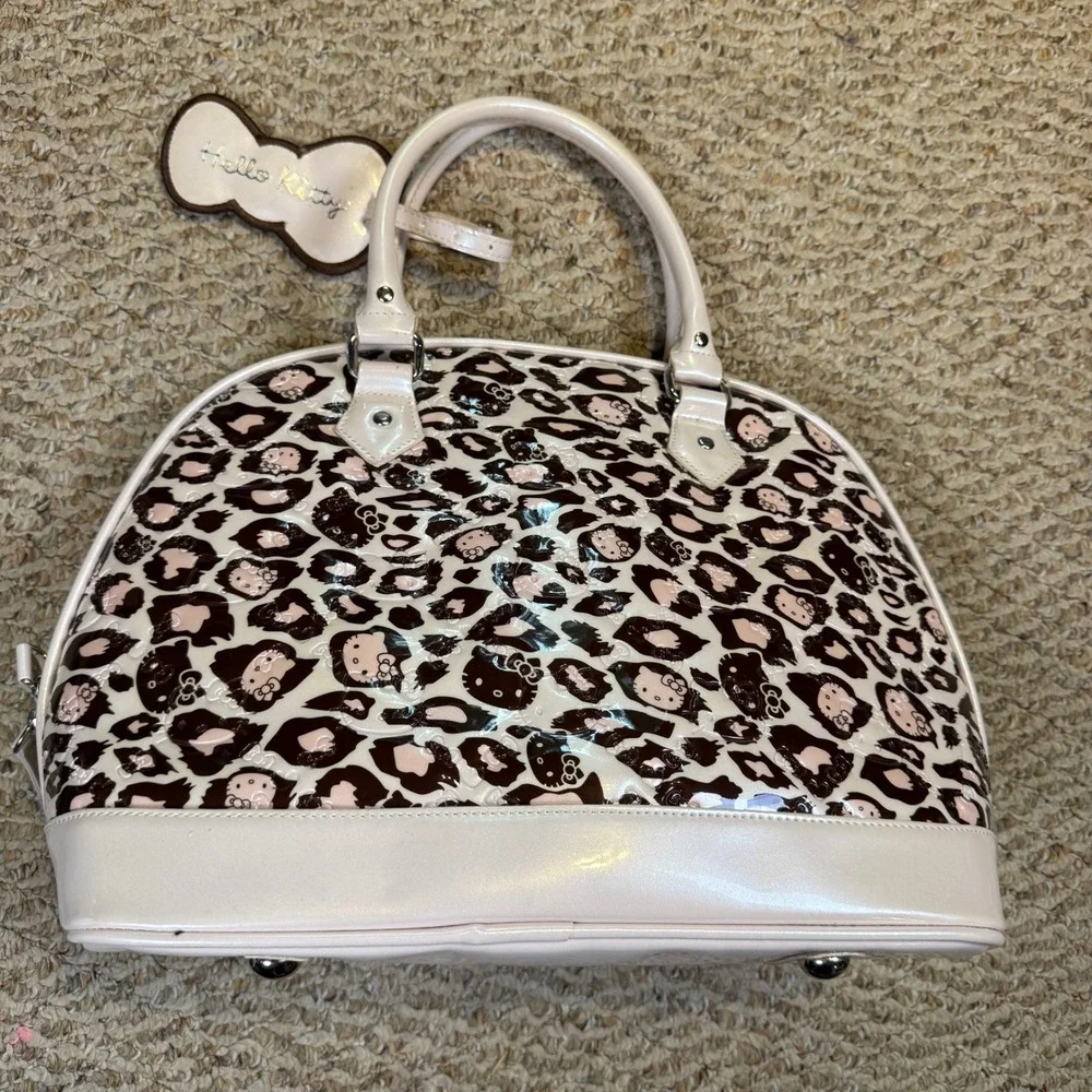 Hello Kitty Sanrio Leopard Print Patent Dome Satchel Handbag Light Pink Brown